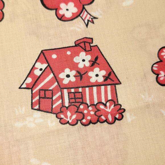 Vintage 44" x 63" Red Tan House Trees Floral Fabric Country Retro Originelle - Picture 7 of 11